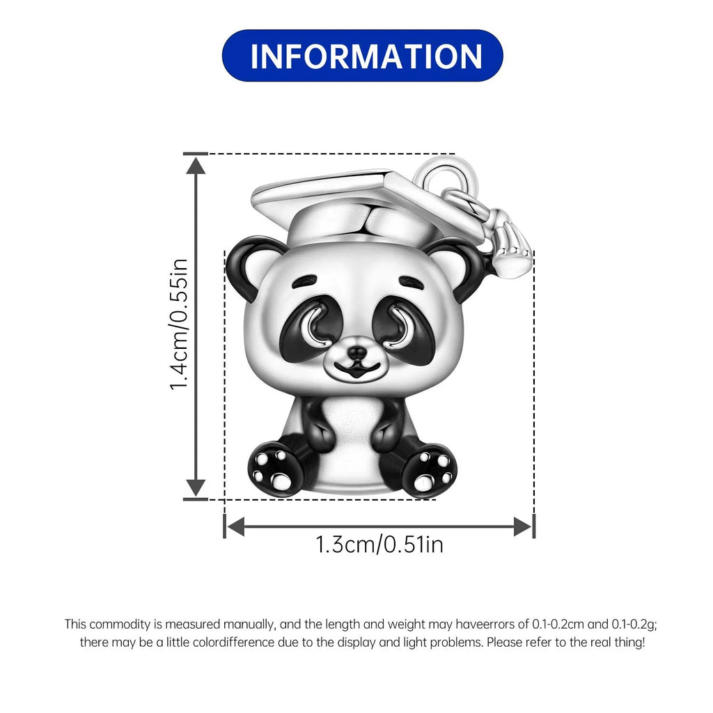 925 sterling silver panda charm with graduation cap. 1.4cm jewelry pendant for DIY bracelets and unique pet lover gifts.