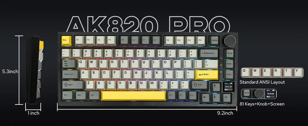 Ajazz AK820 Pro 75% Gasket-mounted Bluetooth 5.1/2.4G Wireless/Wired Mechanical Keyboard with TFT Screen for Mac/Win