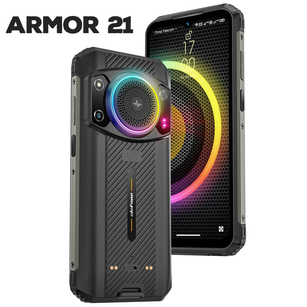 Ulefone Armor 21 rugged smartphone: black rugged design, RGB light speaker, 64MP camera, 120Hz display, 9600mAh battery.