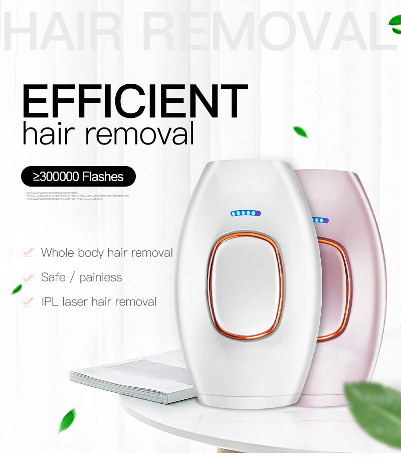 White and pink IPL laser hair removal device for painless, efficient whole-body home use with 300,000+ flashes.