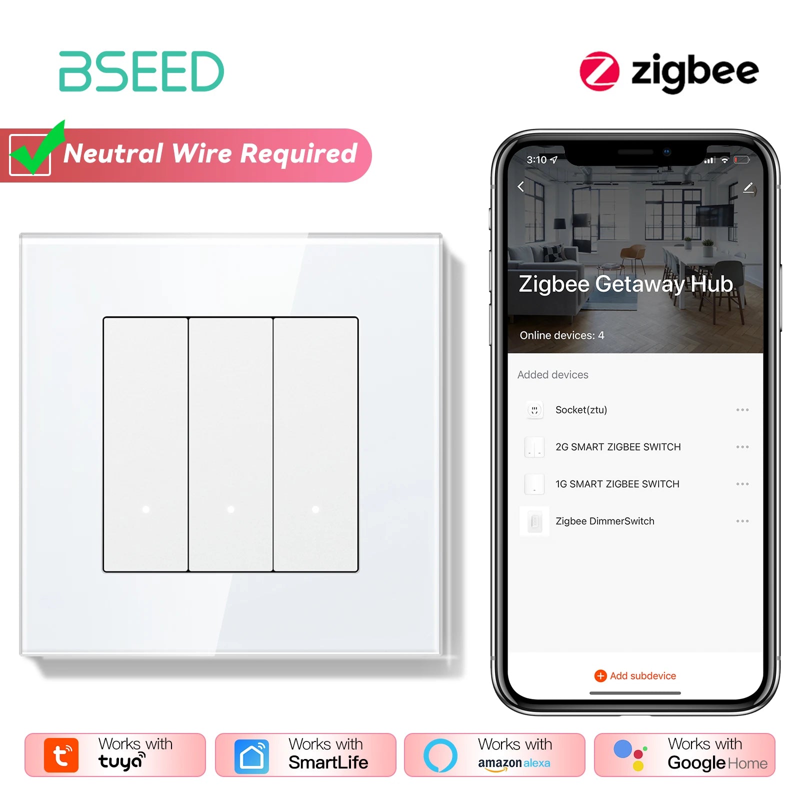 Zigbee Smart Light Switch with USB-C Port - EU Standard | Tidesmit 3Gang Switch EU standard Tidesmit
