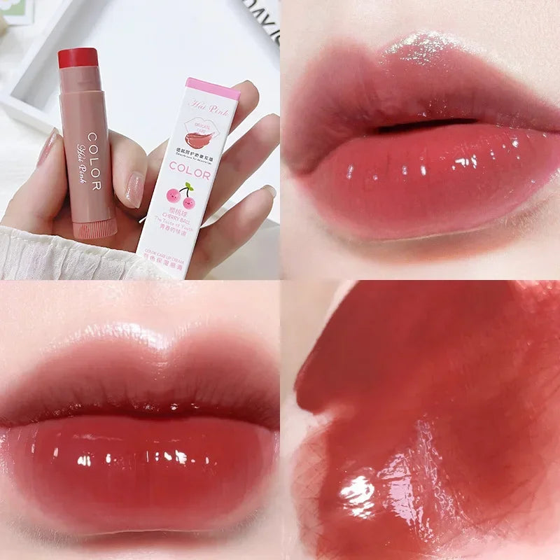 Korean water-light lip glaze in cherry red with a glossy, moisturizing, plump finish and chic cosmetic packaging.