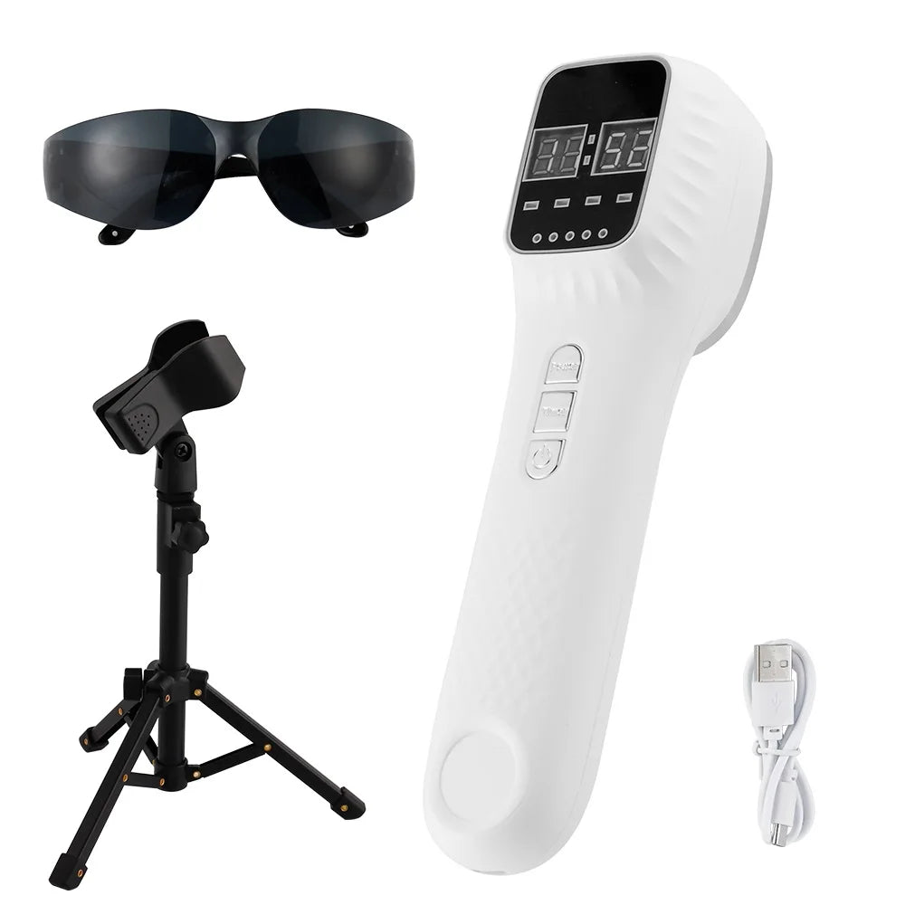 White handheld infrared light therapy device with black digital screen, protective glasses, tripod stand, and USB cable.