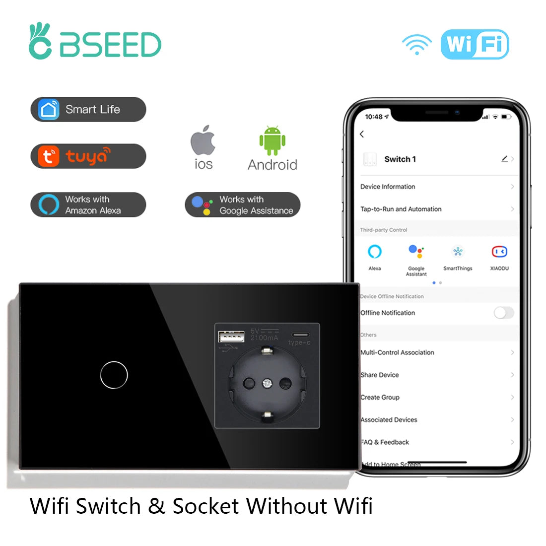 Wifi Smart Light Switch | 1-3 Gang Touch Control | Alexa & Google Compatible 1Gang Type-C Socekt EU standard Tidesmit