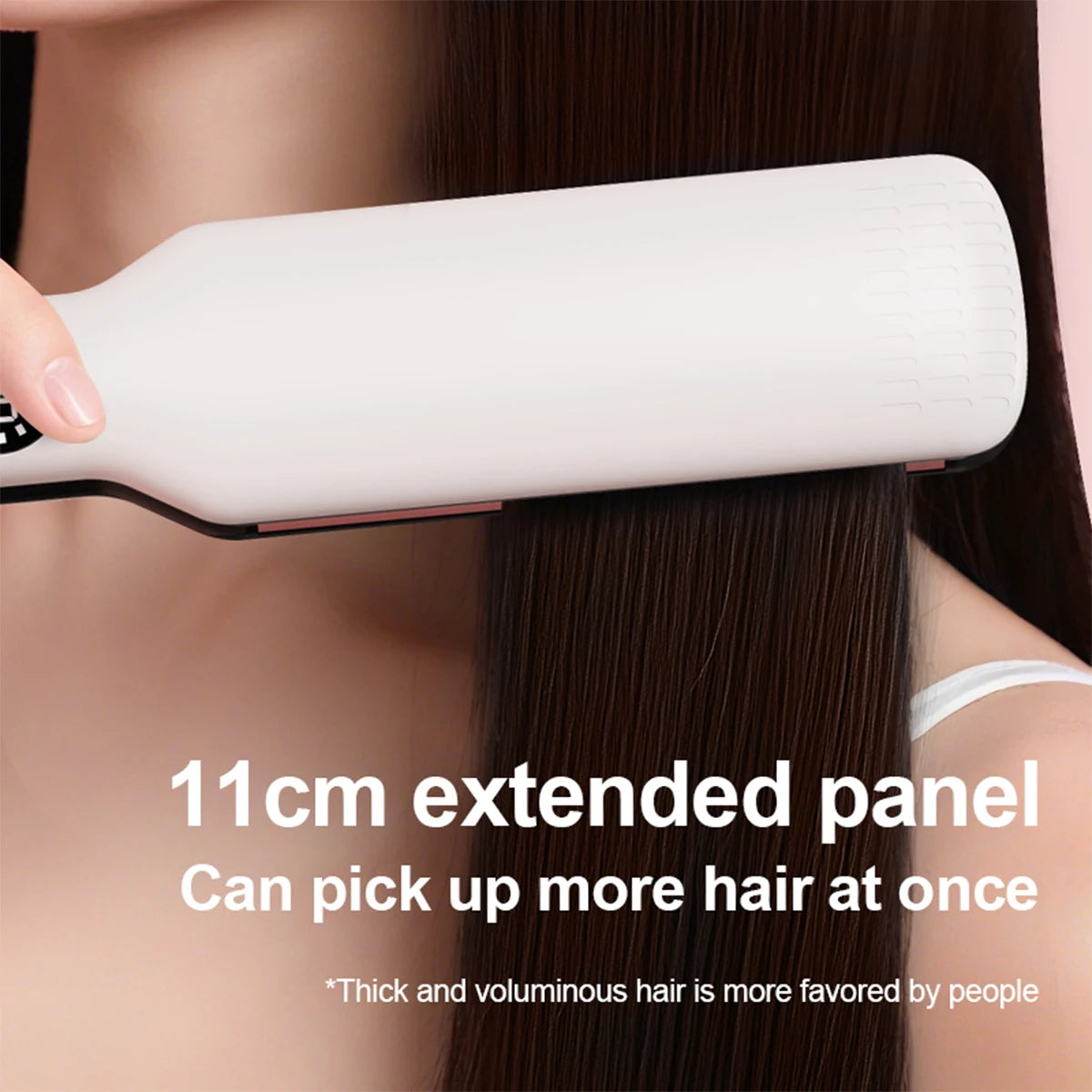 White professional flat iron with wide 11cm plates for quick straightening of thick, long hair.
