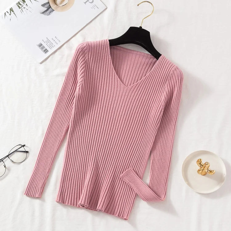 2026 Casual Long Sleeve Knitted V Neck Pullover Autumn Winter Women Sweaters Femme Basic Solid Jersey Tops Fashion Clothes