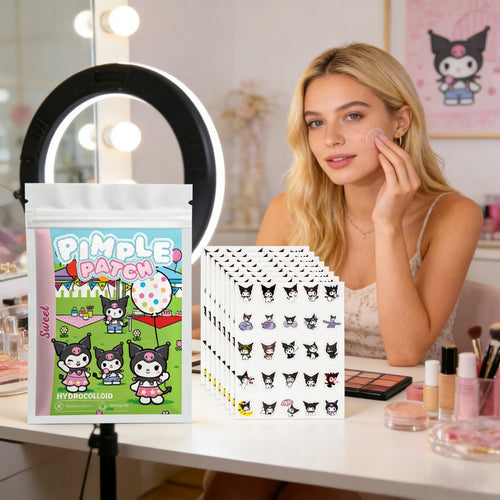 Hydrocolloid pimple patch stickers, pouch and sticker sheet shown beside a model at vanity