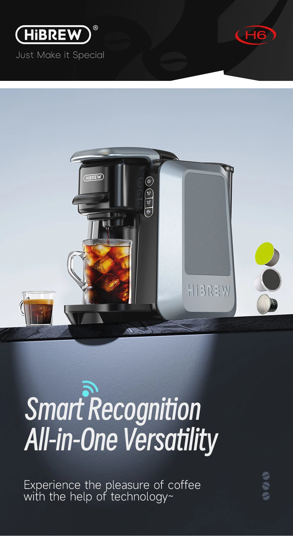 HiBREW H6 silver and black all-in-one capsule coffee maker with smart recognition technology on a kitchen counter.