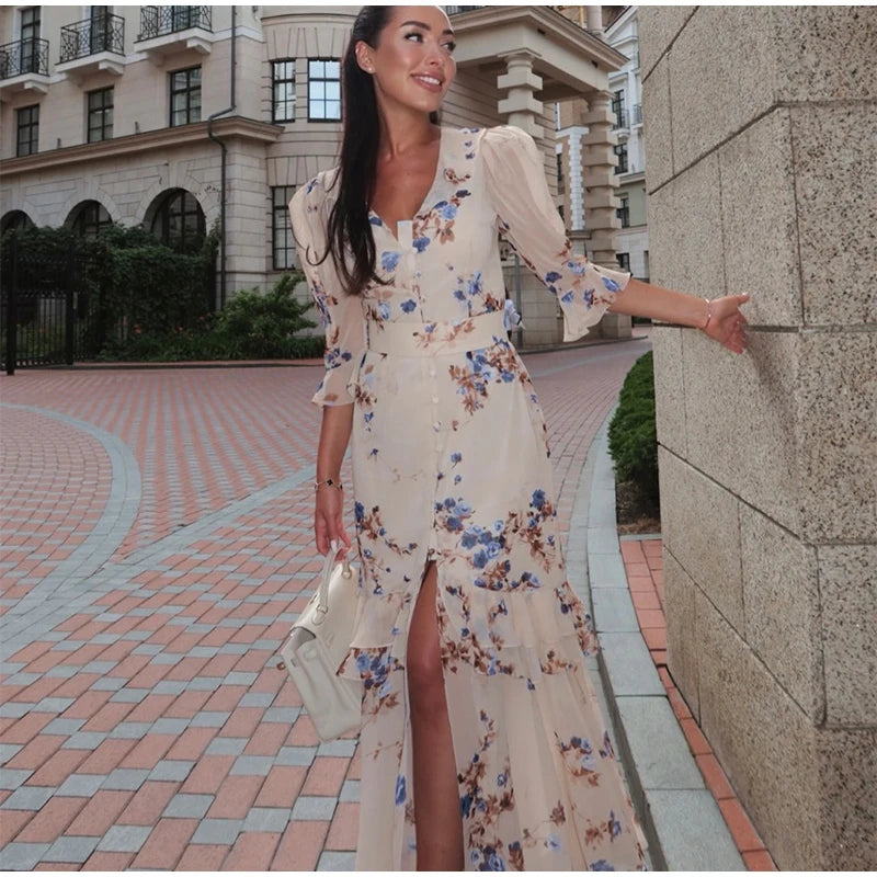 Printed Lace Patchwork Maxi Dress Women V-Neck Half Sleeve Single Breasted Lace Up Long Dresses 2026 Summer All-match Lady Robes