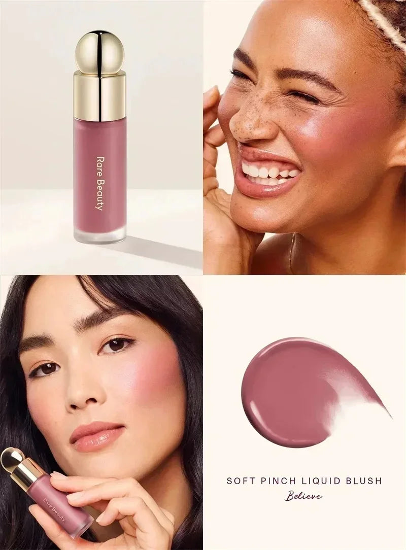 Tidesmit Rare Beauty style liquid luminizer and soft pinch blusher texture close-up for radiant face makeup