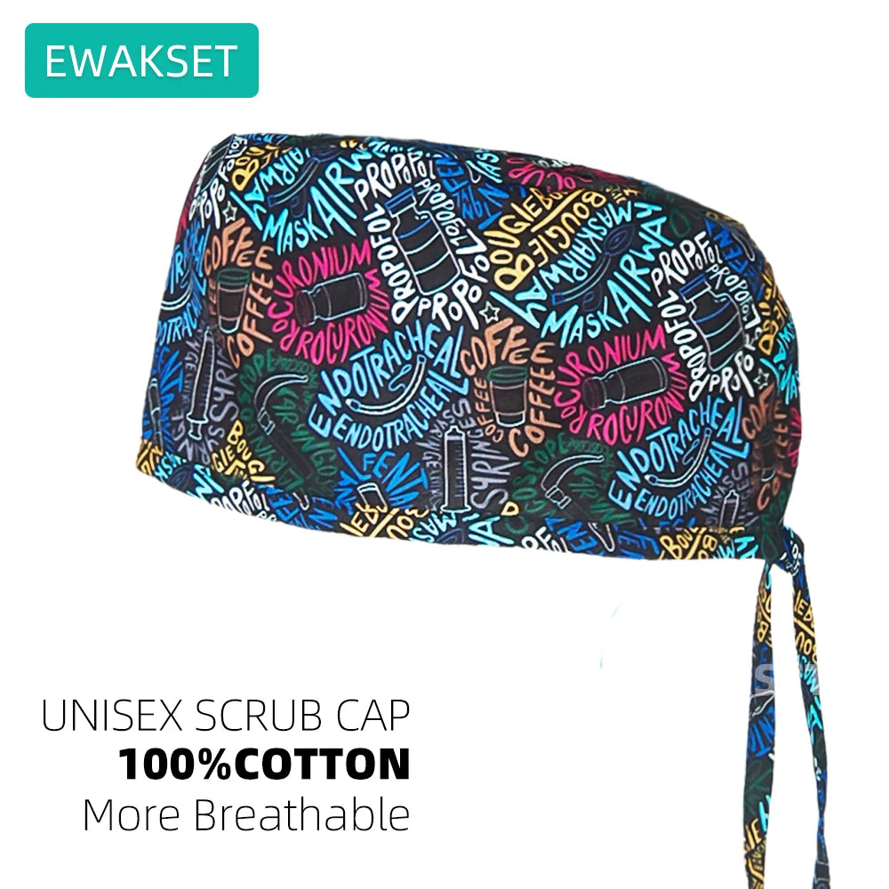 Unisex cotton scrub cap with medical print, adjustable tie-back, and sweatband for vet, dental, or nursing comfort.