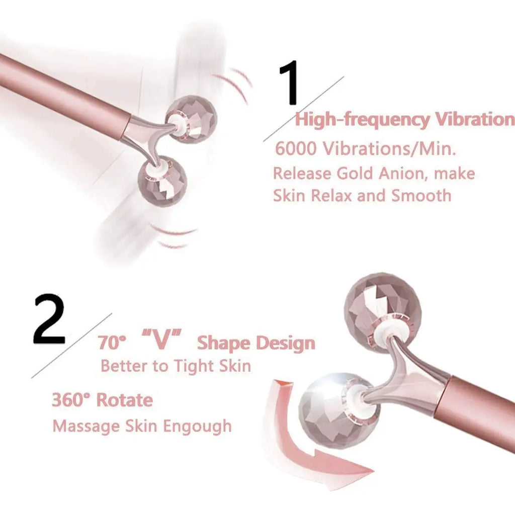 Rose gold 3D facial massager with dual rotating faceted spheres, featuring high-frequency vibration and V-shape design.