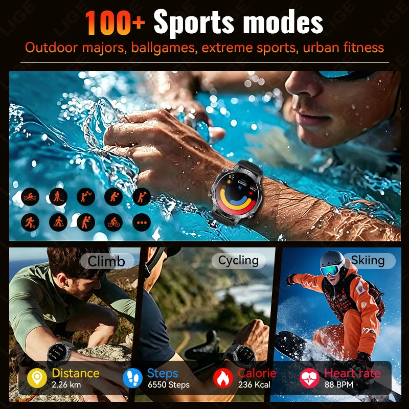 LIGE TANK Ultra Military Smart Watch 1400mAh Battery 10ATM Waterproof Heart Rate LED Flashlight Sports Bracelet Men Smartwatch