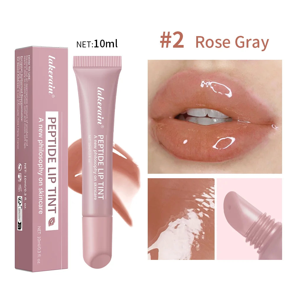Rose Gray hydrating plumping lip gloss with a high-shine glass finish and nude tint in a tube.