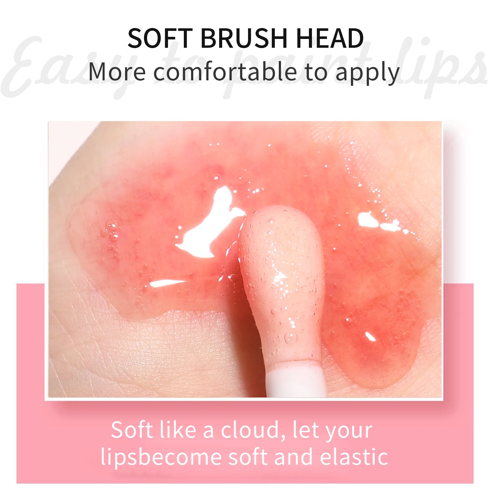Shiny pink crystal jelly lip oil with a soft, plush applicator wand for a moisturizing, plumping lip gloss finish.