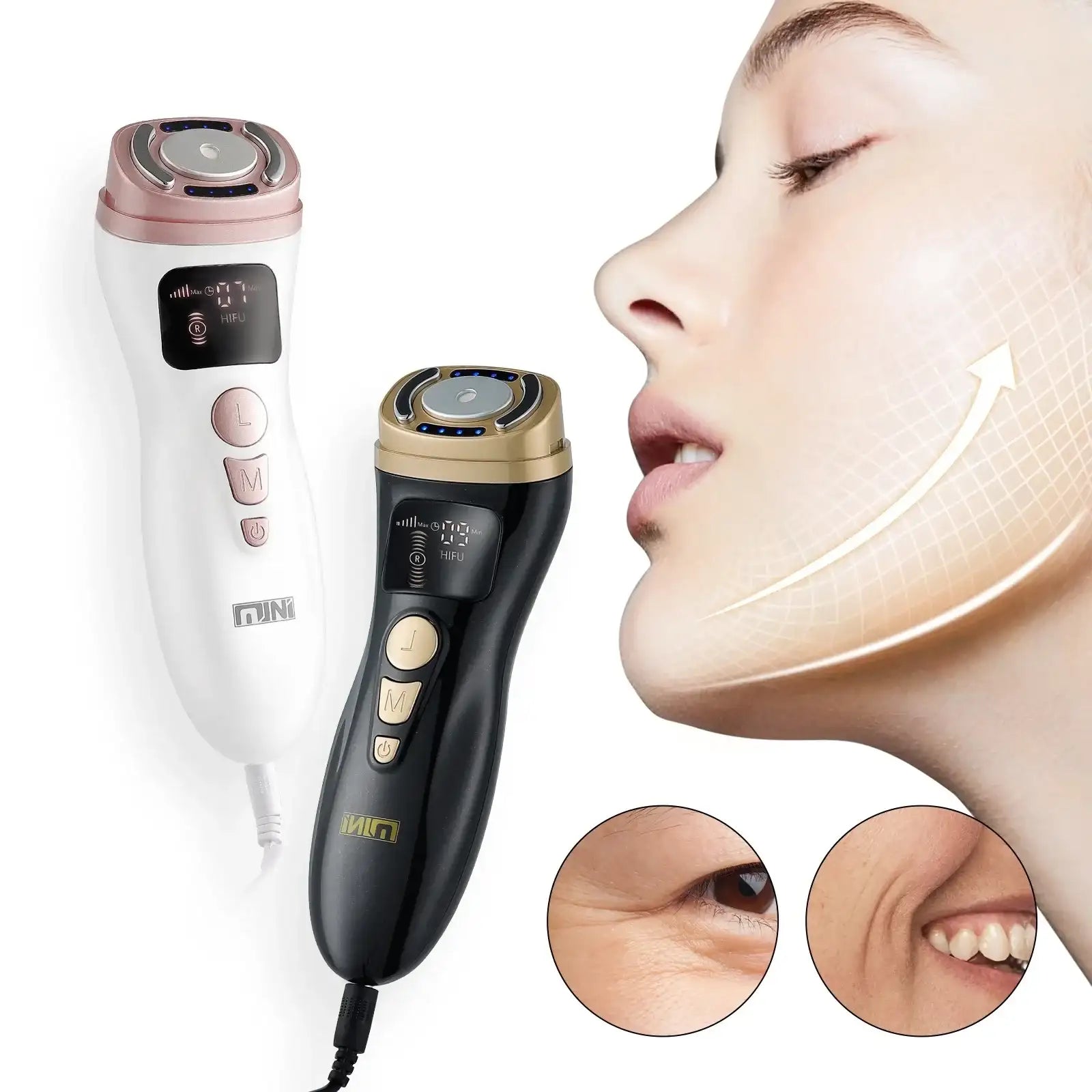 White and black handheld HIFU facial tightening devices with digital displays and buttons, shown with skin lift diagram.