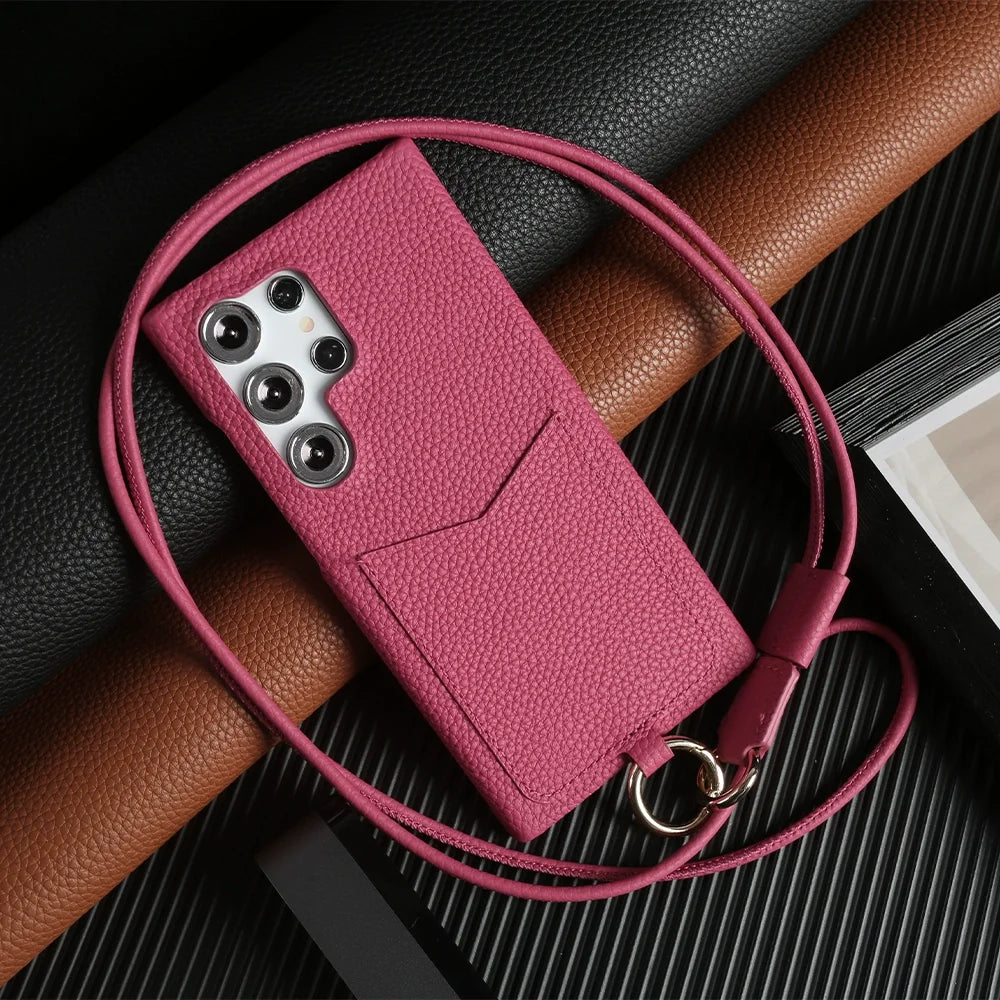 Genuine Leather Samsung Galaxy S24 Ultra Case with Adjustable Lanyard Rose Red China Mainland Tidesmit
