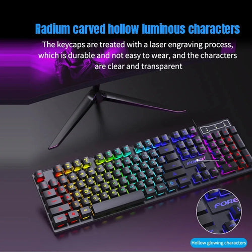 104-key wired mechanical-feel gaming keyboard with black frame, RGB lighting, and laser-engraved hollow glowing keys.