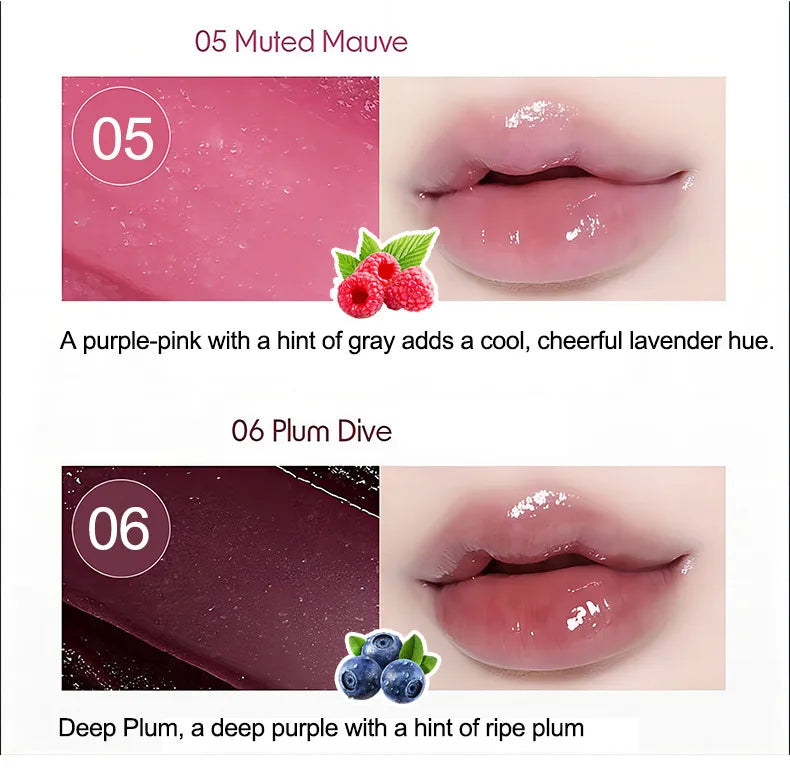 Hydrating tinted lip balm in Muted Mauve and Plum Dive, featuring a glossy, non-sticky finish on lips.