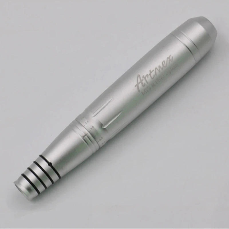 Silver Artmex V8 rotary pen for permanent makeup, brow tattoo, and MTS treatment with adjustable depth dial.