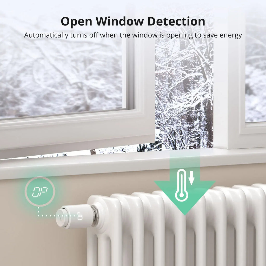 Thermostatic radiator valve near window with open-window temperature indicator
