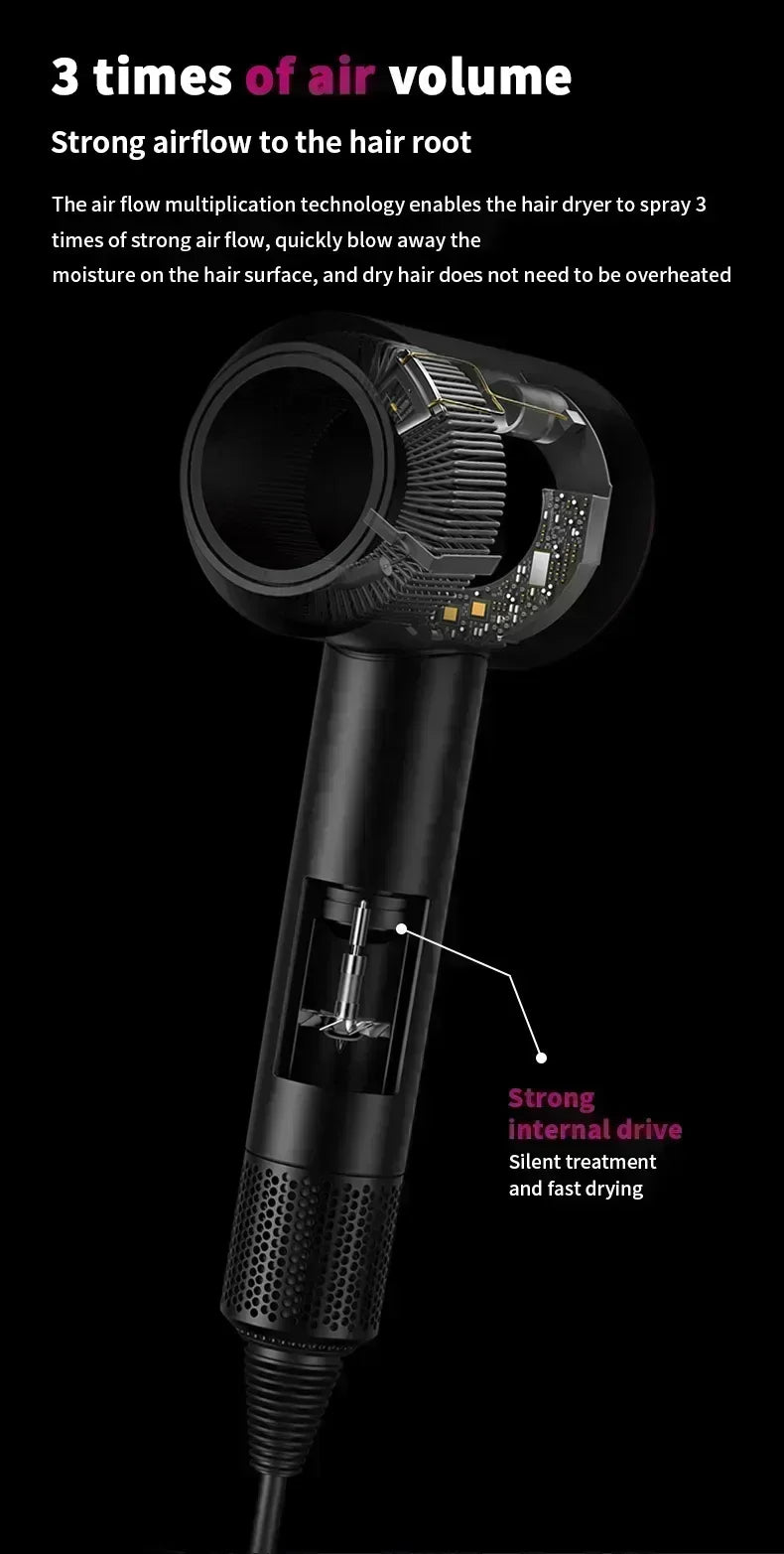 Black 5-in-1 professional hair dryer showing internal motor and high-volume airflow technology for fast, smooth styling.