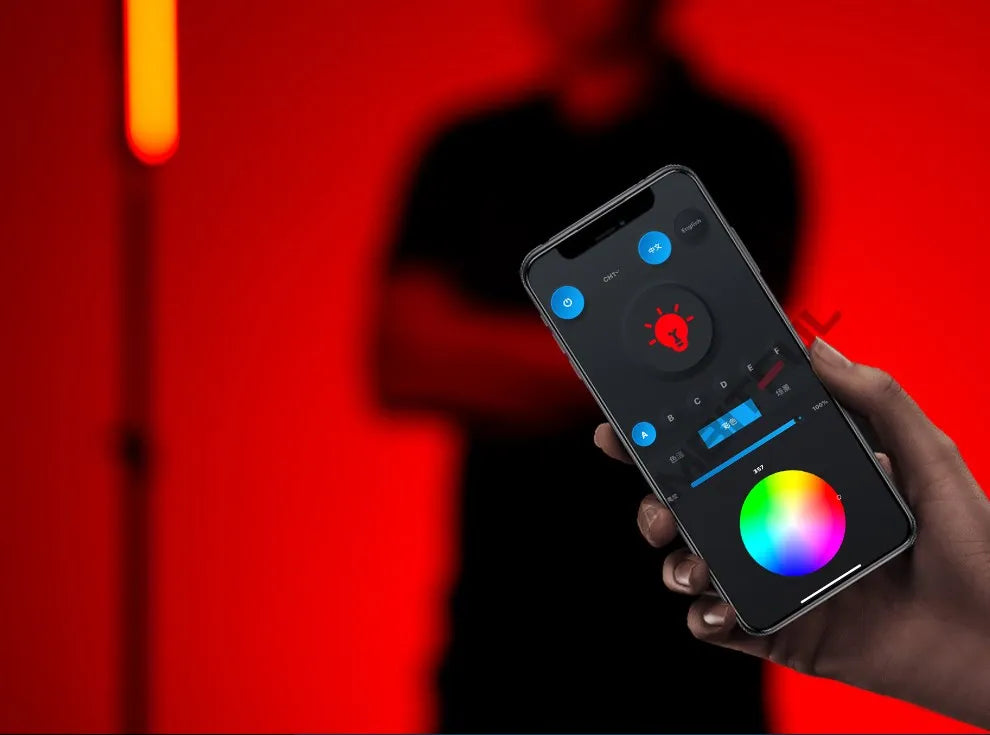 Smartphone screen showing a dark-mode lighting control app with a color wheel to adjust light settings.