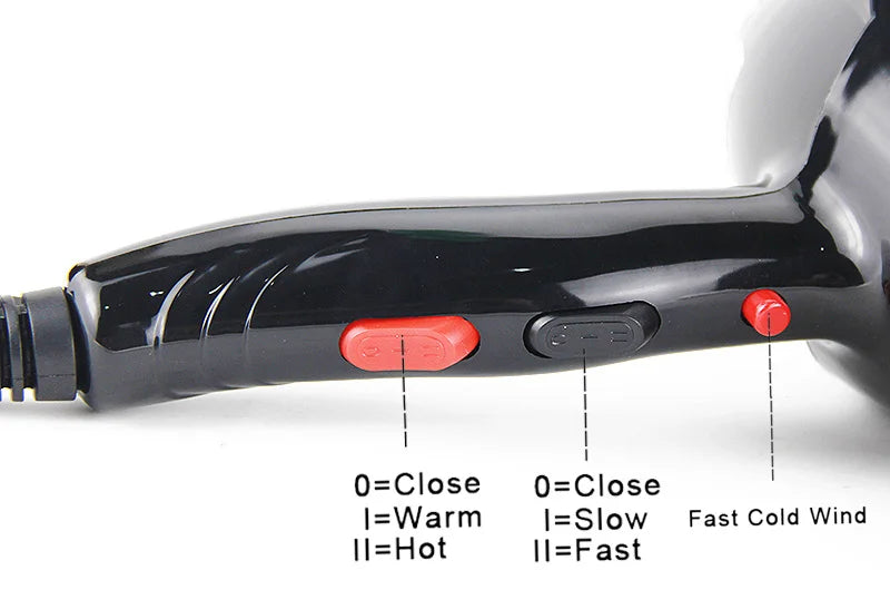 Black professional 2100W hair dryer handle with red heat and speed control buttons for salon or home styling.