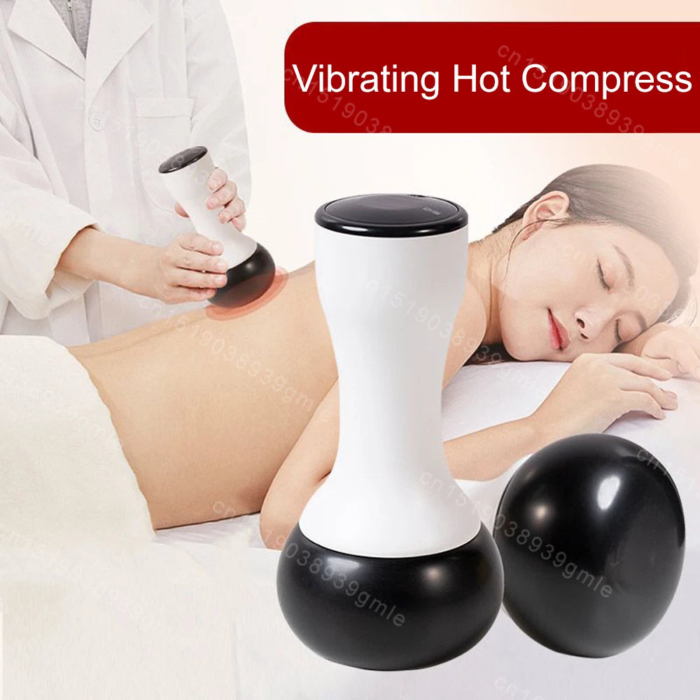 Electric gua sha massager with a white hourglass handle and a black stone base used for hot compress therapy.