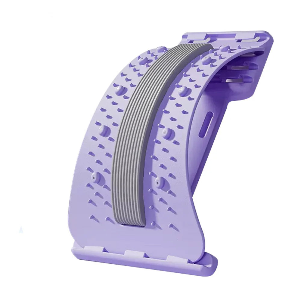 Purple plastic back stretcher with a grey central cushion, adjustable arched design for lumbar support and pain relief.