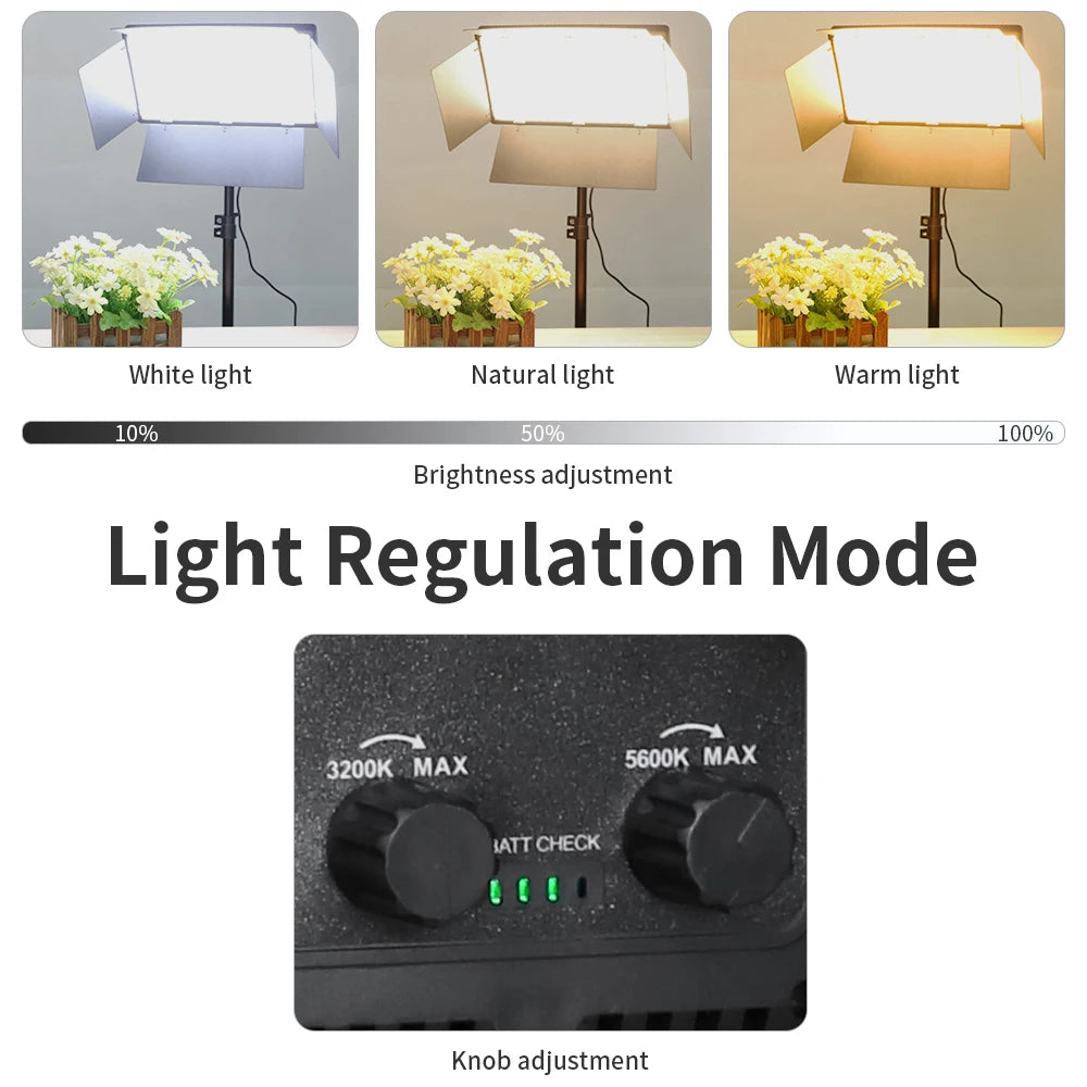 Adjustable LED video light panel on a stand with barn doors, featuring color temperature and brightness control knobs.