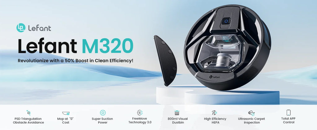 Tidesmit Lefant M320 Robot Vacuum showcasing carpet detection and powerful 6000 Pa suction on home floor