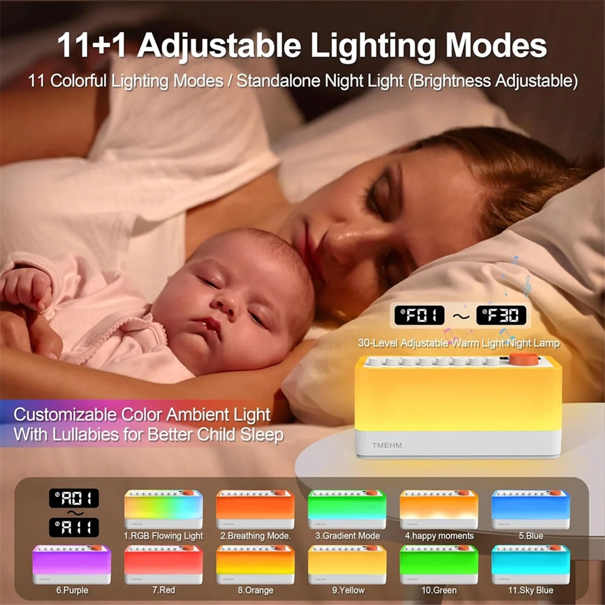 HIHI White Noise Sleep Sound Machine with 8 , Portable Bluetooth Speaker, 12 Colors Night Lights