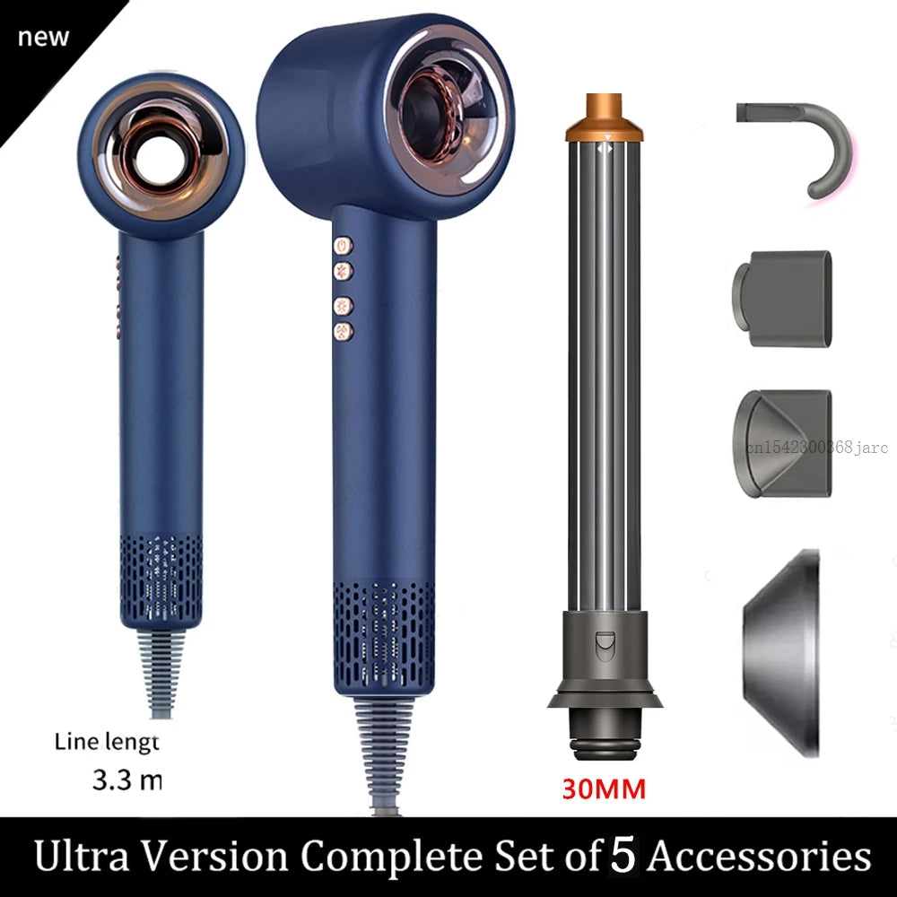 Blue 1600W leafless ionic hair dryer set with 5 styling attachments, gold accents, and 3.3m cord for professional use.