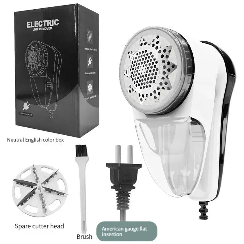 Rechargeable electric fabric shaver with circular metal cutting head and clear lint container