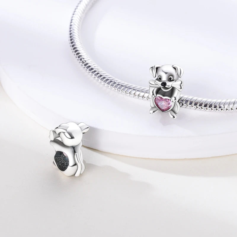 925 Sterling Silver puppy dog charm bead with pink heart for DIY pet-themed charm bracelets.