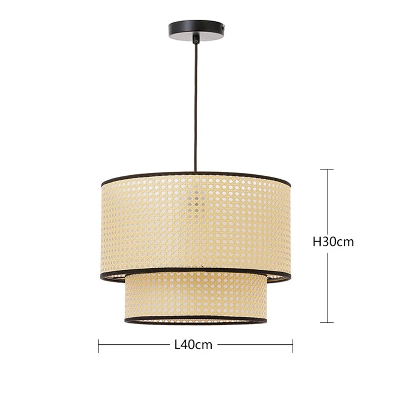 Two-tier cylindrical pendant light with beige woven rattan shade and black trim, 40cm wide and 30cm high.