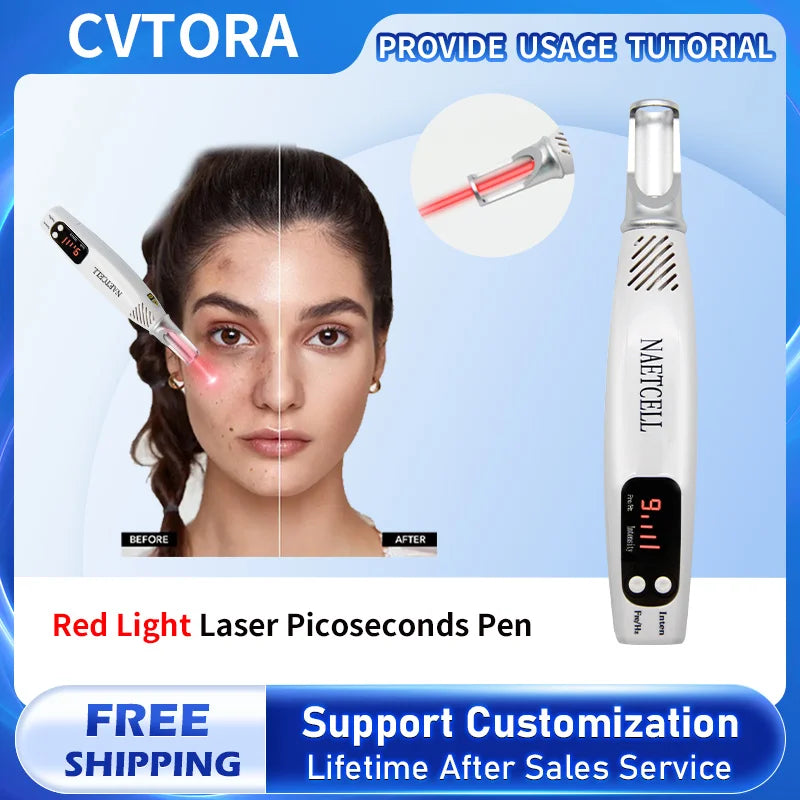 White handheld picosecond laser pen for facial tattoo, acne, and dark spot removal with red light treatment therapy.