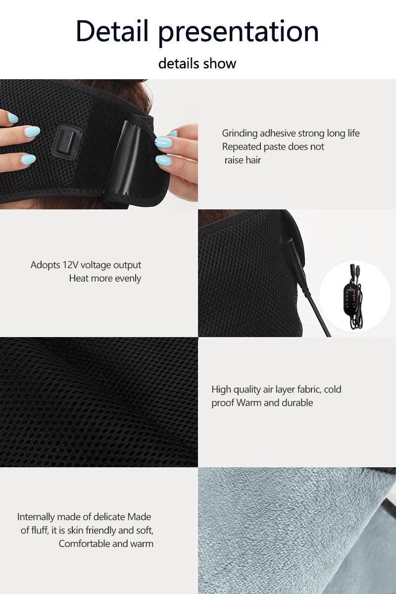 Black mesh heating face mask with adjustable velcro strap, controller, and soft grey fleece lining.