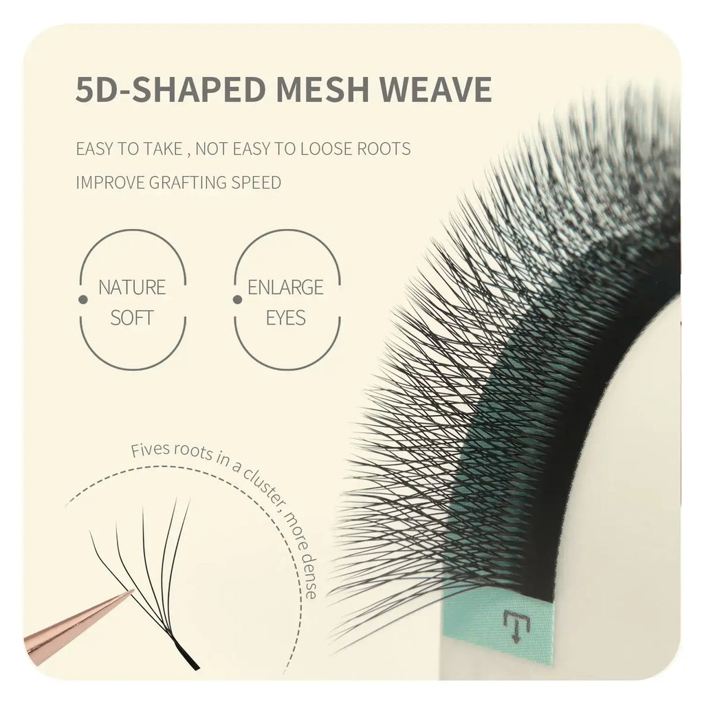 Black 5D eyelash extensions with a mesh weave base, arranged in clusters for grafting onto natural lashes.