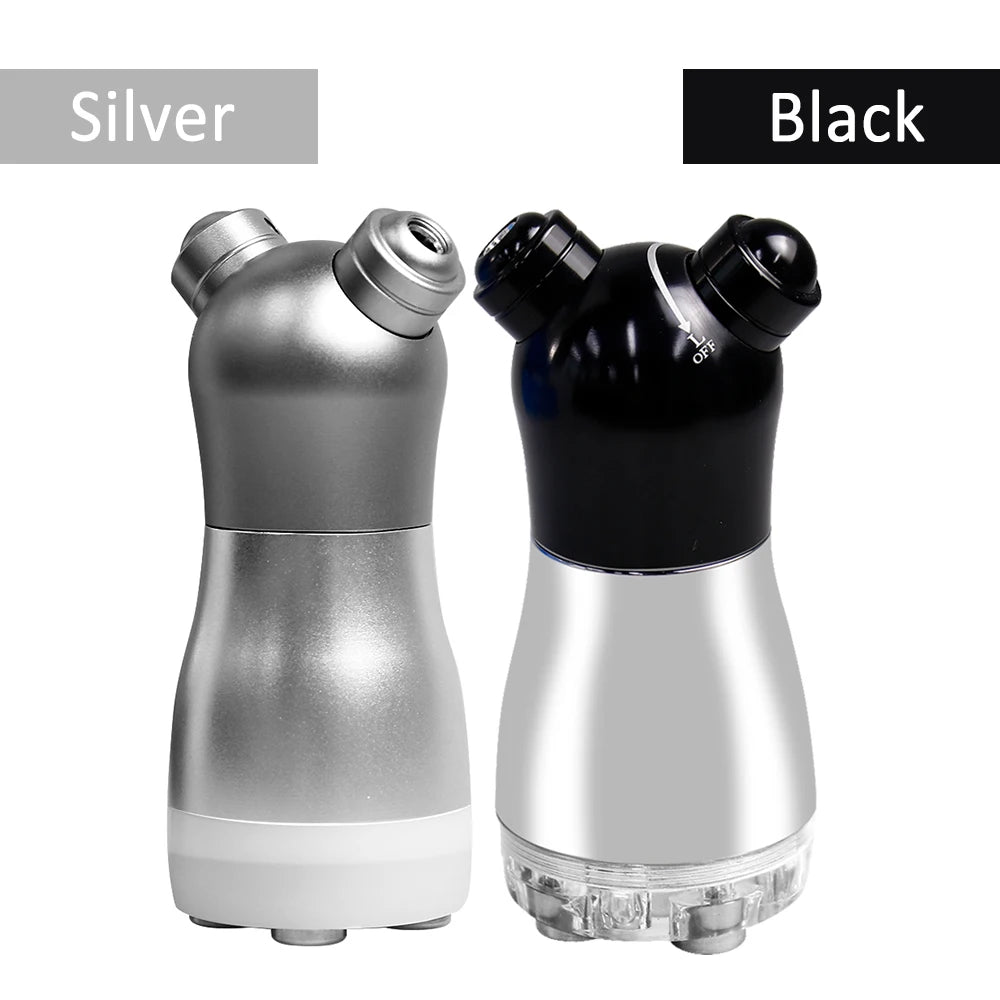 Two handheld facial massage rollers with dual spherical heads, available in solid silver and black-and-silver colors.