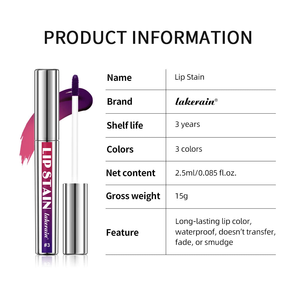 Lakerain waterproof peel-off lip stain in deep purple shade with applicator wand and matte finish product details.