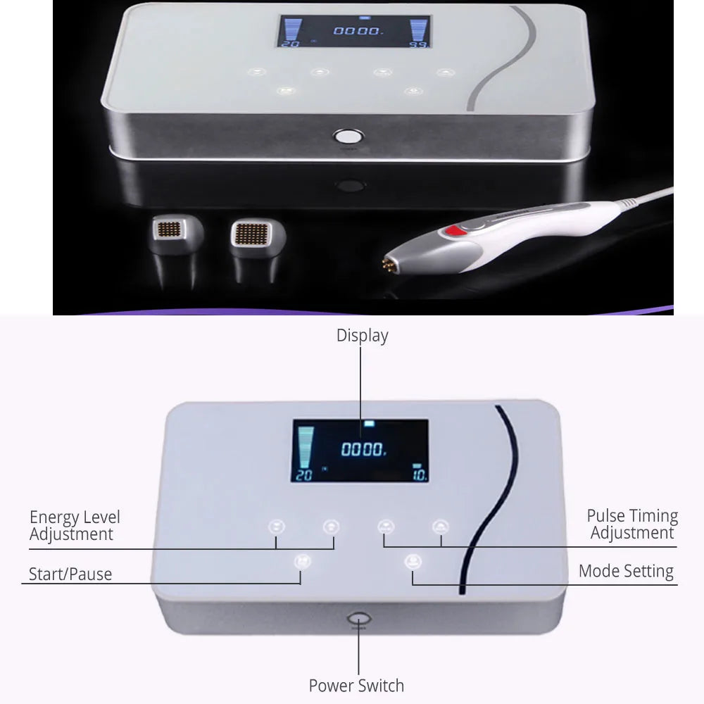 Silver Dot Matrix RF skin lifting machine with digital display, handheld probe, and two treatment tips for home use.