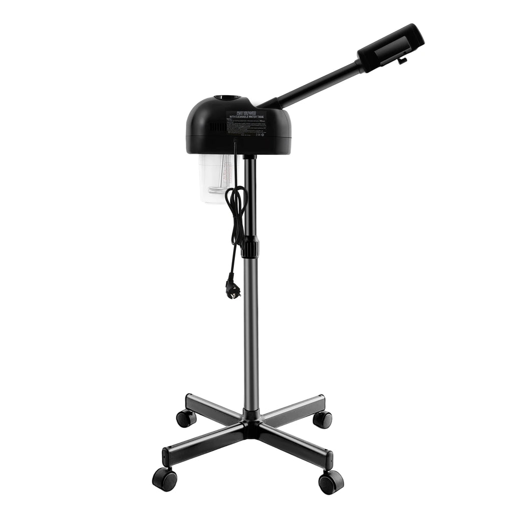 Black 800W facial steamer with 750ml tank, adjustable stand, and wheels for professional spa or home pore cleaning.