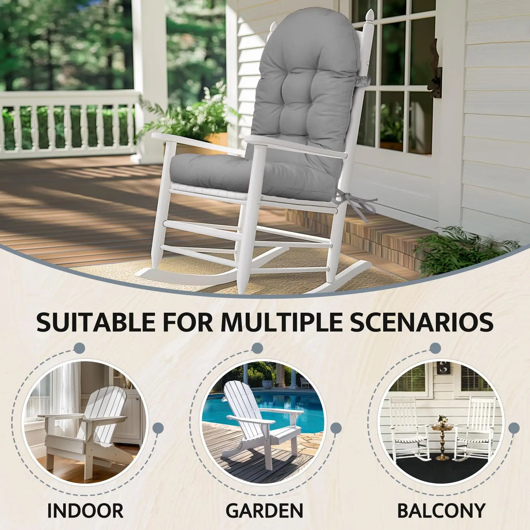 Rocking Chair Cushions, Indoor Outdoor Chair Cushion, Waterproof Fade Resistant High Back Patio Chair Pad with Non Slip Tufted
