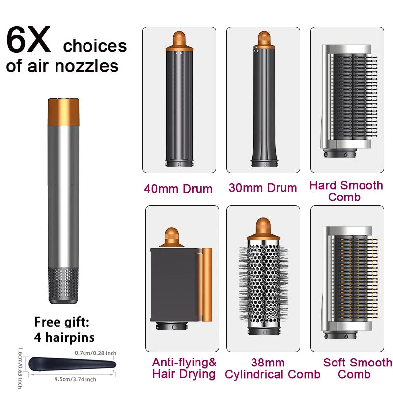SenCiciMen 6-in-1 multi hair styler with 6 grey and gold attachments, curling barrels, and brushes for professional hair.