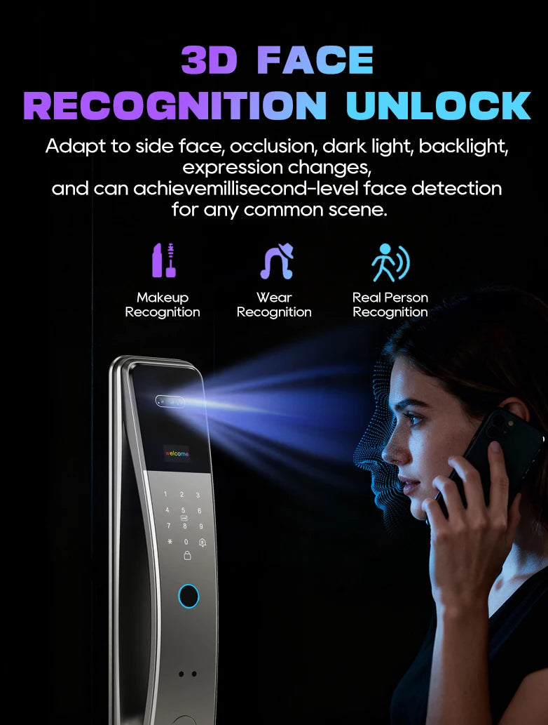 3D Face Recognition Fingerprint Password Smart Door Lock With Camera FIngerprint Password Unlock Keyless Electronic Door Lock