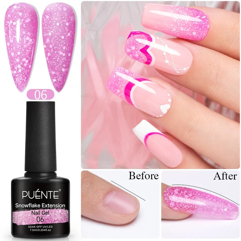 Pink snowflake extension nail gel in a 7.5ml bottle with glittery pink nail art examples.