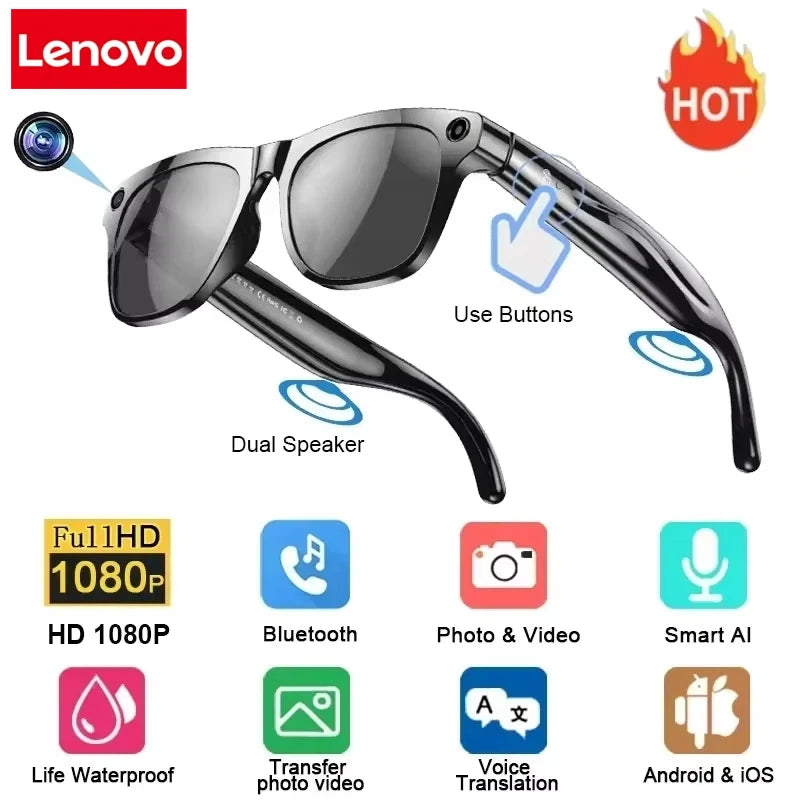 Black smart glasses with built-in camera, dual speakers, and Bluetooth for 1080p recording, audio, and voice