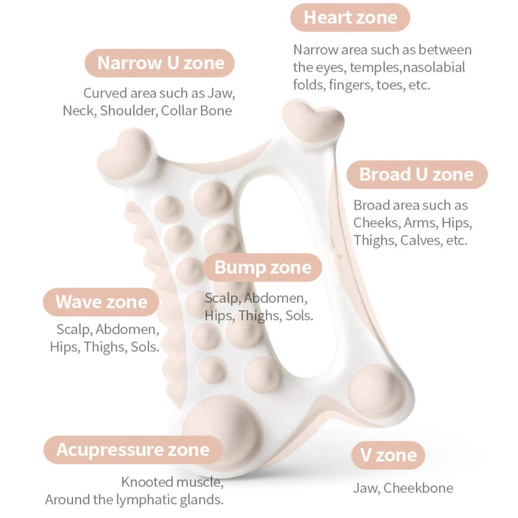 White and pale pink ceramic Gua sha massage tool with various textured zones for targeted body and face acupressure.